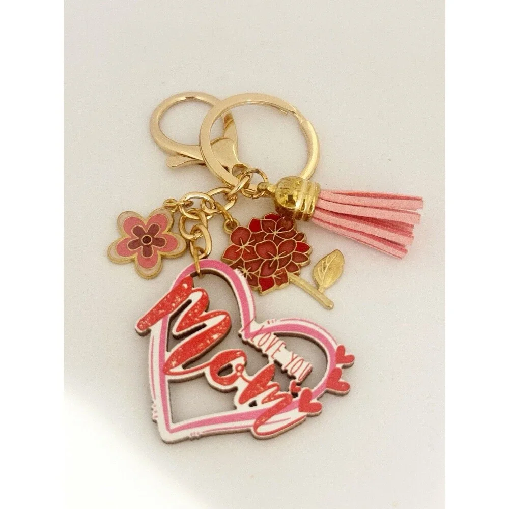 Gift For Mom: Mom Heart Key ring Bag Charm Enamel Flower Tassel Pink